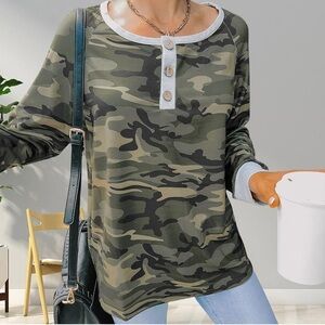 NWT No Label Size L Camo Long Sleeve Henley Fall Crew Neck Vintage Tunic Tops
